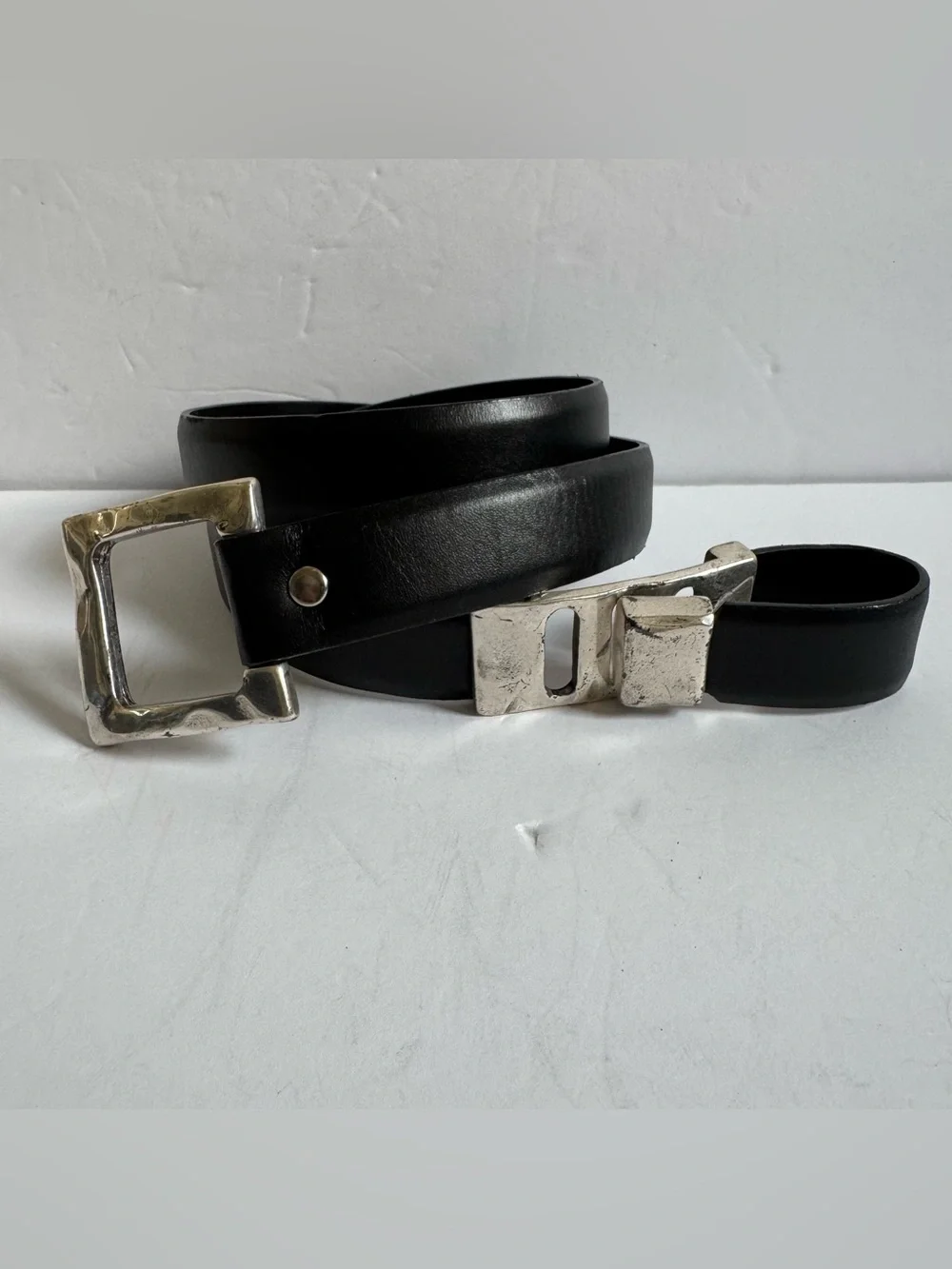 Vtg Sandy Duftler Black Leather Silver Tone Belt M Brutalist Modernist Buckle